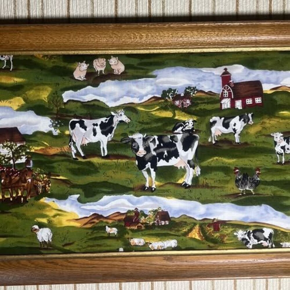 Framed Alexander Henry "Country Farm Life" Fabric Art -- Farmhouse Cows, Barns &